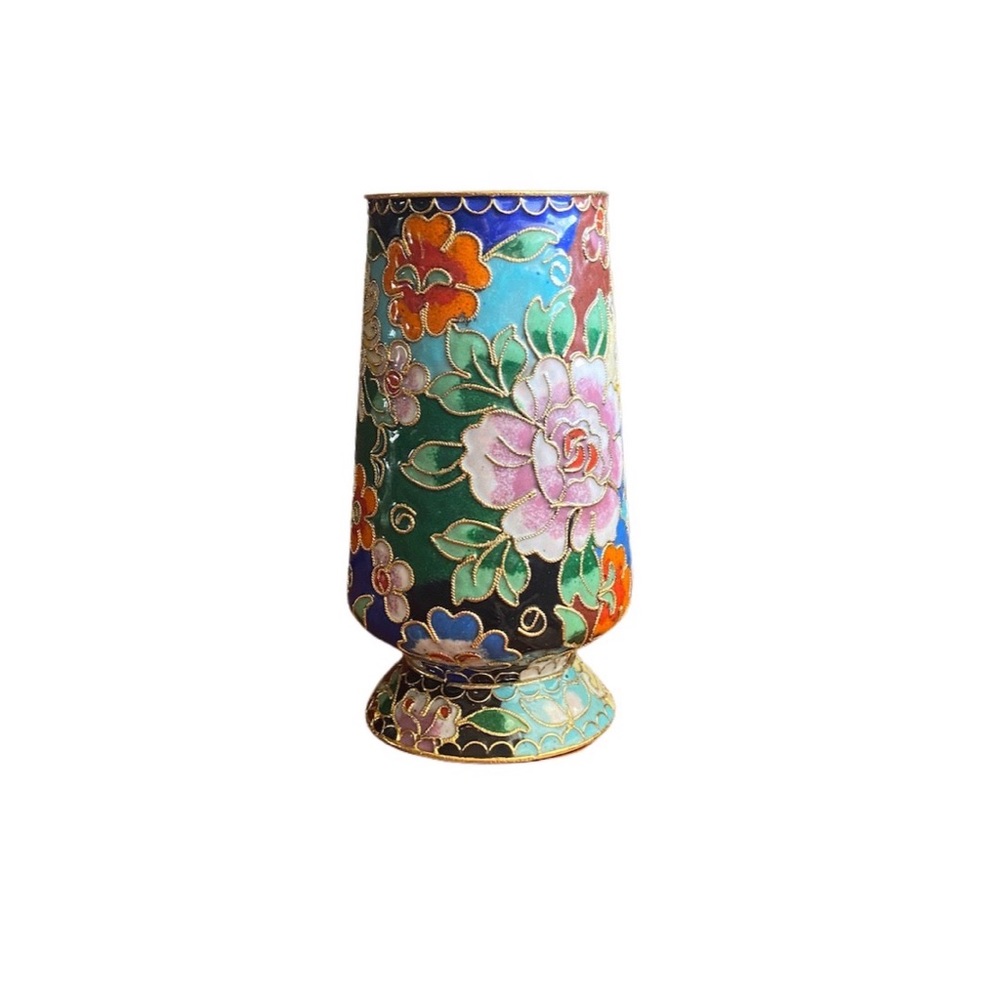 Vintage Cloisonné Vase Gold Wire Orange Yellow Blue Pink Floral 5”